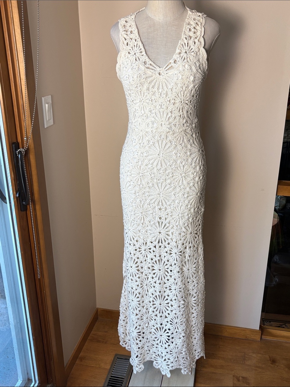 Maje Cream Crochet Maxi Dress – Sleeveless V-Neck Floral Motif